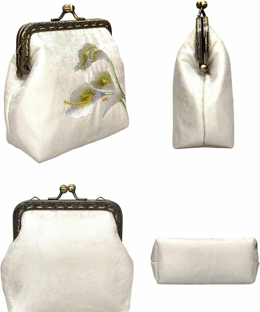 POPUCT Popuct Embroidery Floral Buckle Coin Purse Kiss Lock Wallet(White-1) | Coin Purses & Pouches