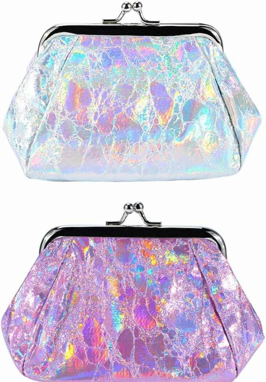 Oyachic Oyachic 2 Pcs Hologram Coin Purse, Iridescent Clutch Purse Kiss Lock Change Pouch Holographic Makeup Bag Laser Women Wallet | Coin Purses & Pouches