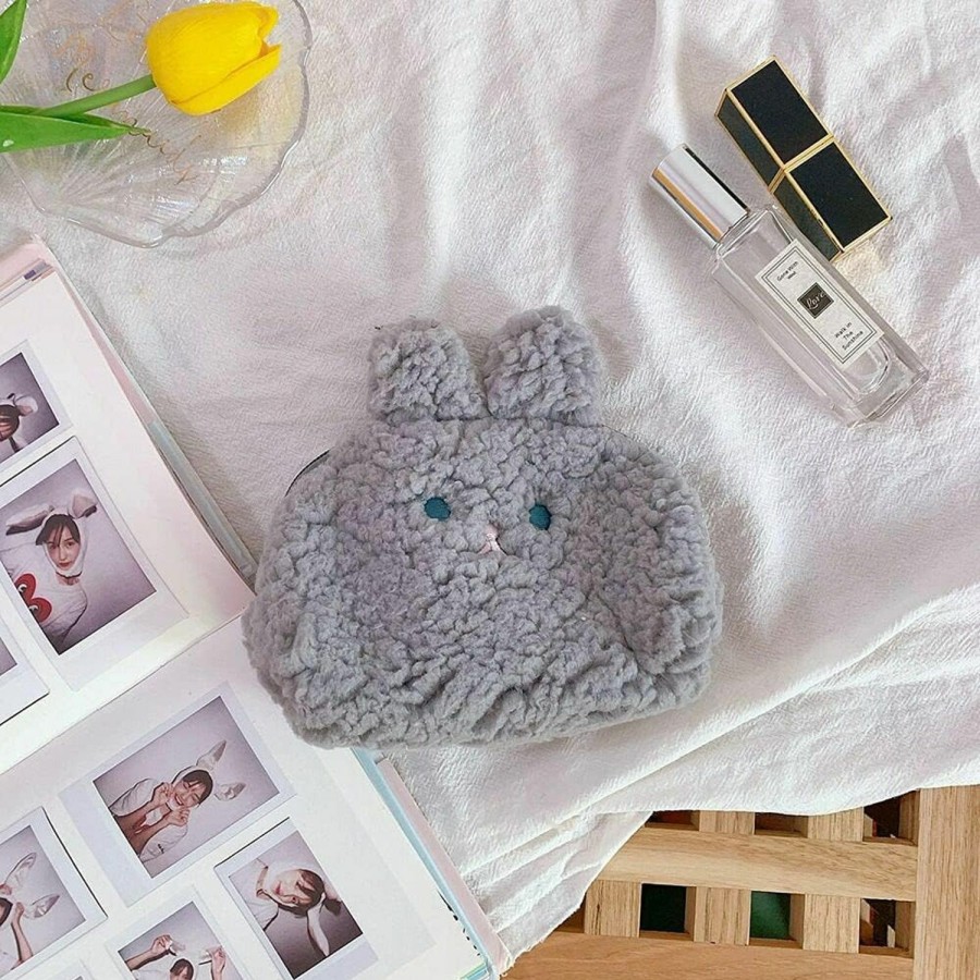 FIDA&MOON Fida&Moon Girls Coin Purse With Zipper Cute Rabbit Fluffy Mini Cosmetic Wallet (Gray) (3034) | Coin Purses & Pouches