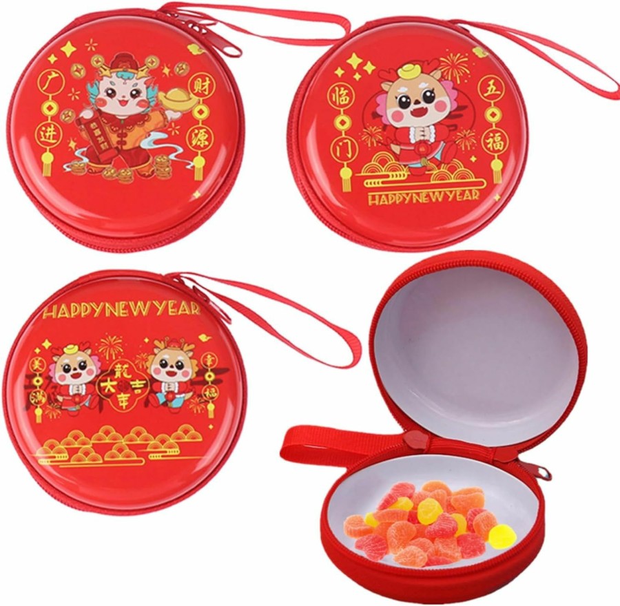 Acewen Acewen 4Pcs Dragon Year Gift Bags 2024 Chinese New Year Hong Bao Red Multifunction Storage Box For Coin Wallet Purses Candies Key Headset Organizer Bag Zodiac Good Meaning Lucky Money Bags | Coin Purses & Pouches