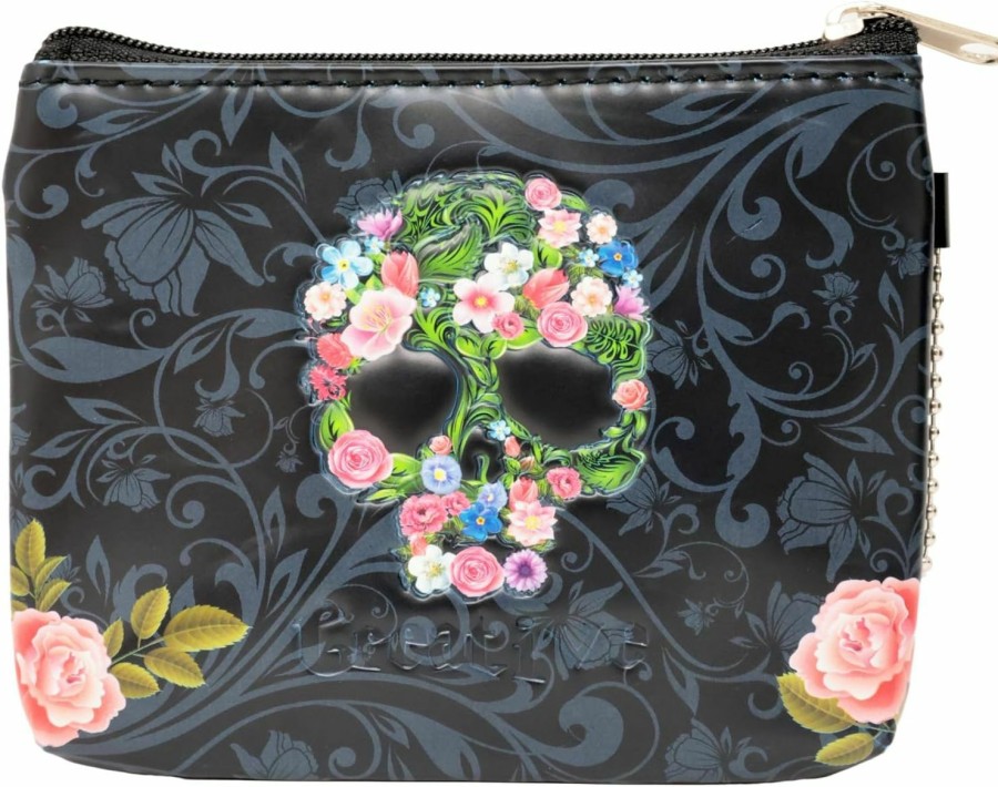 yueton Yueton 1Pack Vintage Skull Coin Purse With Zipper Rose Skull Small Wallet Mini Black Skull Cosmetic Bag For Women Girls | Coin Purses & Pouches