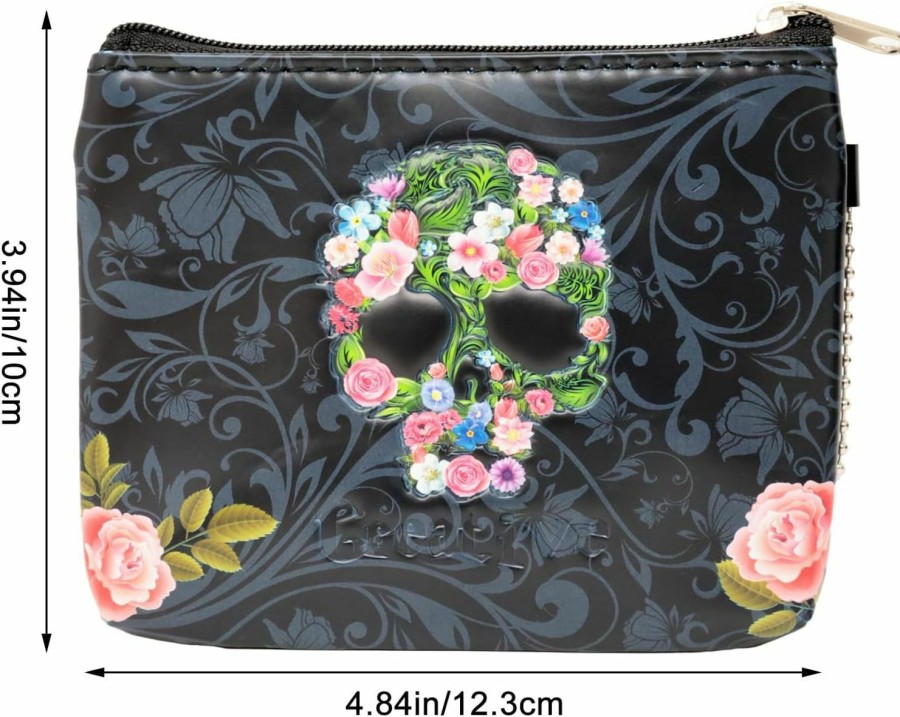 yueton Yueton 1Pack Vintage Skull Coin Purse With Zipper Rose Skull Small Wallet Mini Black Skull Cosmetic Bag For Women Girls | Coin Purses & Pouches