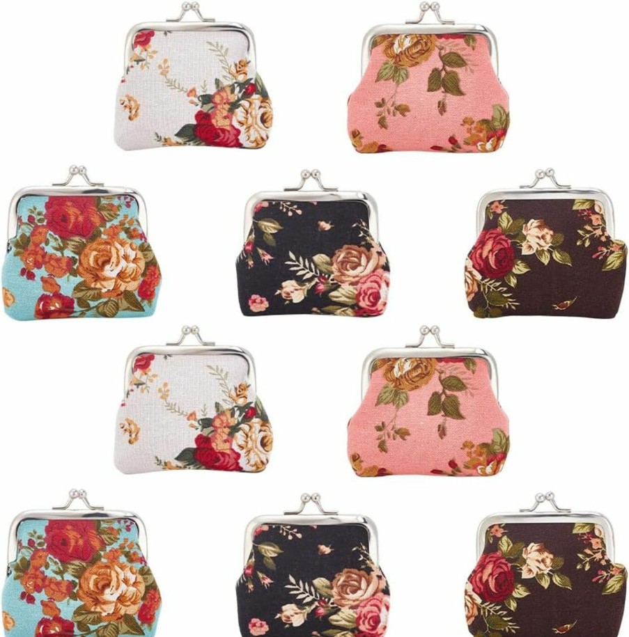 FREEBLOSS Freebloss 10Pcs Canvas Floral Coin Purses Kiss Lock Coin Purse Vintage Purses For Women 5 Roses Styles Buckle Wallet For Gift | Coin Purses & Pouches