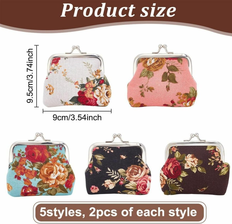 FREEBLOSS Freebloss 10Pcs Canvas Floral Coin Purses Kiss Lock Coin Purse Vintage Purses For Women 5 Roses Styles Buckle Wallet For Gift | Coin Purses & Pouches