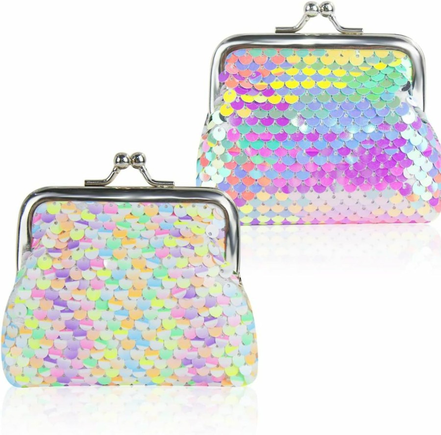 FuninCrea Funincrea Coin Purse 2 Pieces, Nylon Coin Purses For Women And Girls, Colorful And Double Sided Sequin Coin Wallet, Mini Purse With Kiss Lock For Change, Keys, Headset, Lipstick | Coin Purses & Pouches