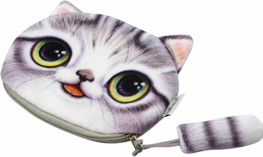 mosstyus Cute 3D Plush Cat Face Coin Purse Kitty Money Bag Pouch Wallet Storage Cosmetic Makeup Case With Cat Tail Zipper, Yellow | Coin Purses & Pouches