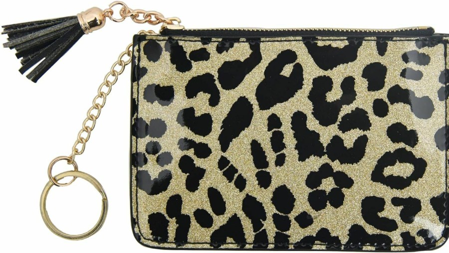 AnnabelZ Annabelz Coin Purse Change Wallet Pouch Bling Card Holder With Key Chain Zip (A Gold Leopard) | Coin Purses & Pouches