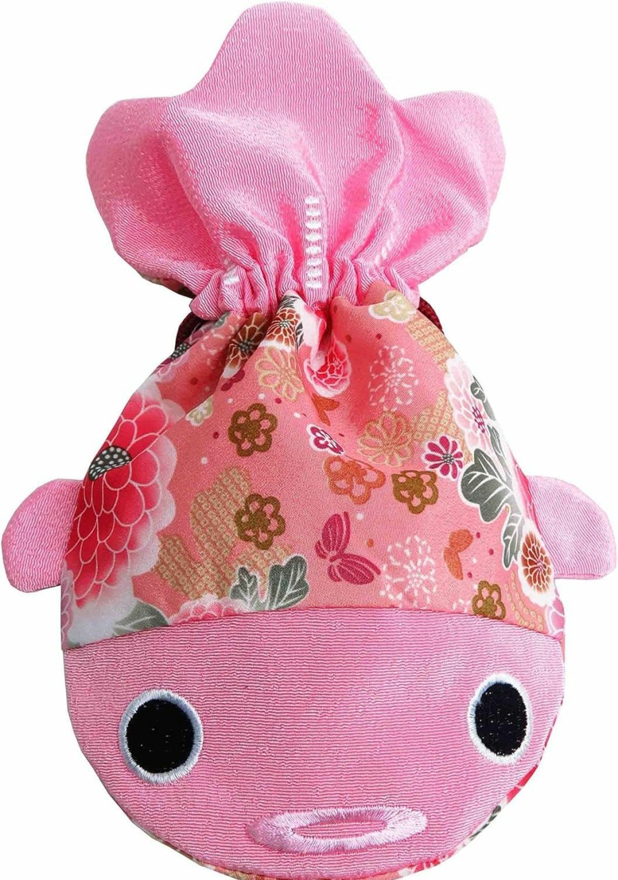 BAR Barbee Japanese Chirimen & Kimono Print Fabric Goldfish Drawstring Pouch Coin Purse Cosmetic Jewelry Key Travel Storage Bag For Women Accessory With Studs Clamp Hair Clip Christmas Gift (Large, Pink) | Coin Purses & Pouches