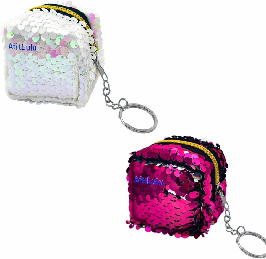 AfitLulu Afitlulu Coin Purse Keychain, 2Pcs Double-Sided Sequin Coin Purse For Women, Zipper Glitter Change Purse Pouch With Keychain To Store Keys, Change, Coin, Party Favor (2.3 * 2 * 2.3Inches) (A) | Coin Purses & Pouches