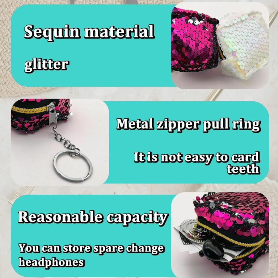 AfitLulu Afitlulu Coin Purse Keychain, 2Pcs Double-Sided Sequin Coin Purse For Women, Zipper Glitter Change Purse Pouch With Keychain To Store Keys, Change, Coin, Party Favor (2.3 * 2 * 2.3Inches) (A) | Coin Purses & Pouches