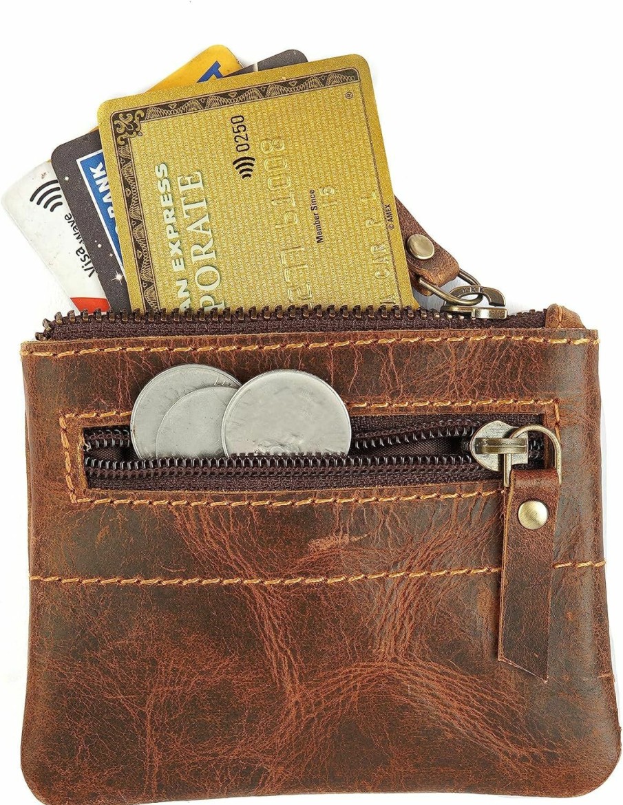 The Antiq The Antiq Leather Coin Pouch, Zipper Money Pouch, Card Case, Money Organiser, Card Holder, Minimalist Money Bag, Coin Pouch With Zipper Closure For Men & Women (Brown) | Coin Purses & Pouches