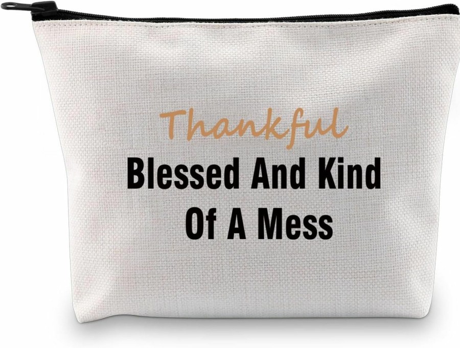 JXGZSO Jxgzso Funny Thanksgiving Makeup Bag Thankful Blessed And Kind Of A Mess Blessed Gift For Women Mom Life | Coin Purses & Pouches