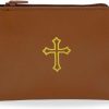 RosaryMart Brown Genuine Leather Rosary Pouch Gold Cross Imprint Straight Design With Zipper | Coin Purses & Pouches