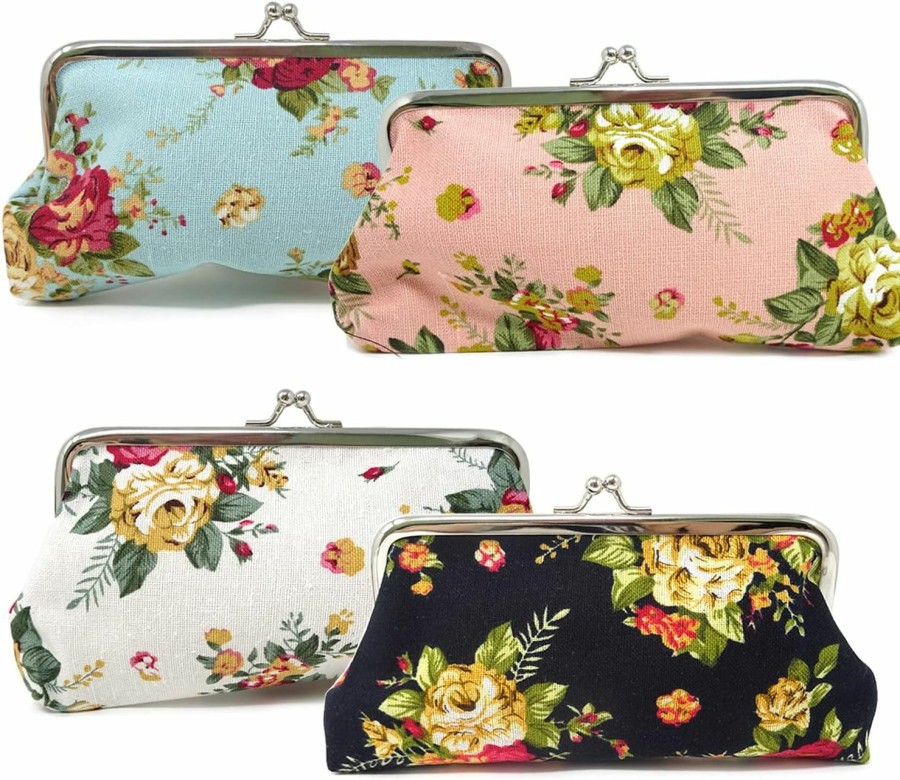 Honbay Honbay 4Pcs Canvas Floral Coin Purse, Kiss Lock Change Purse, Vintage Trinkets Pouch, Cell Phone Pouch, Rose Pattern Clasp Closure Wallet, 3.54 X 7.48\"(9X19Cm) | Coin Purses & Pouches