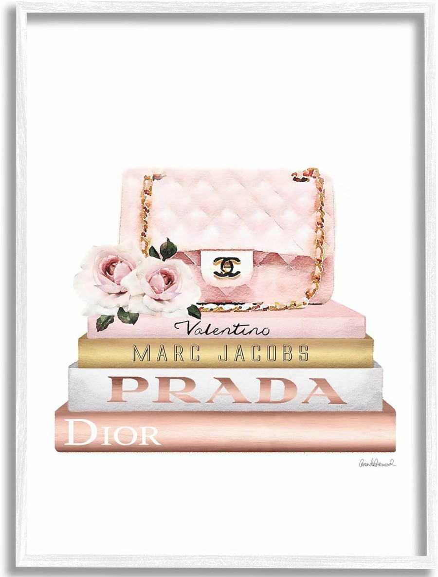 Stupell Industries Stupell Industries Pink Purse Gold Bookstack Glam Fashion Watercolor, Design By Amanda Greenwood White Framed Wall Art, 11 X 14 | Coin Purses & Pouches