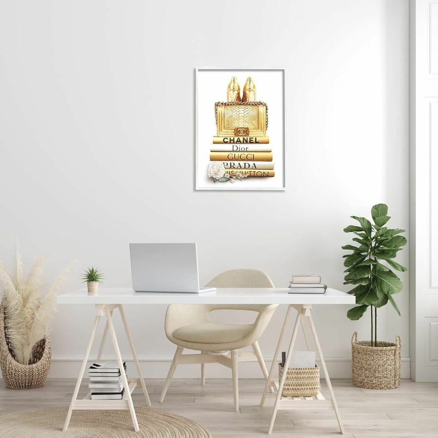 Stupell Industries Stupell Industries Divine Golden Fashion Purse On Glam Designer Bookstack, Designed By Ros Ruseva White Framed Wall Art, Gold | Coin Purses & Pouches