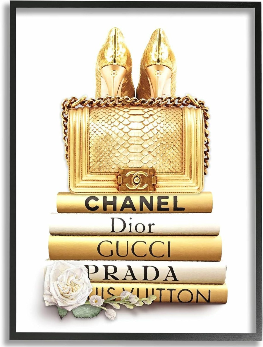 Stupell Industries Stupell Industries Divine Golden Fashion Purse On Glam Designer Bookstack, Designed By Ros Ruseva Black Framed Wall Art, Gold | Coin Purses & Pouches