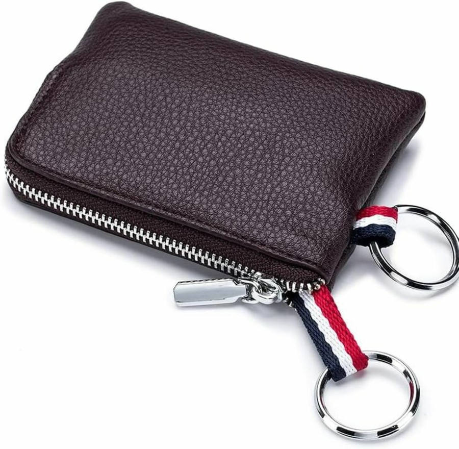 DOMILINA Leather Coin Purse Wallet With Dual Keyrings And Card Holder - Mini Change Pouch For Women Men(Coffee) | Coin Purses & Pouches