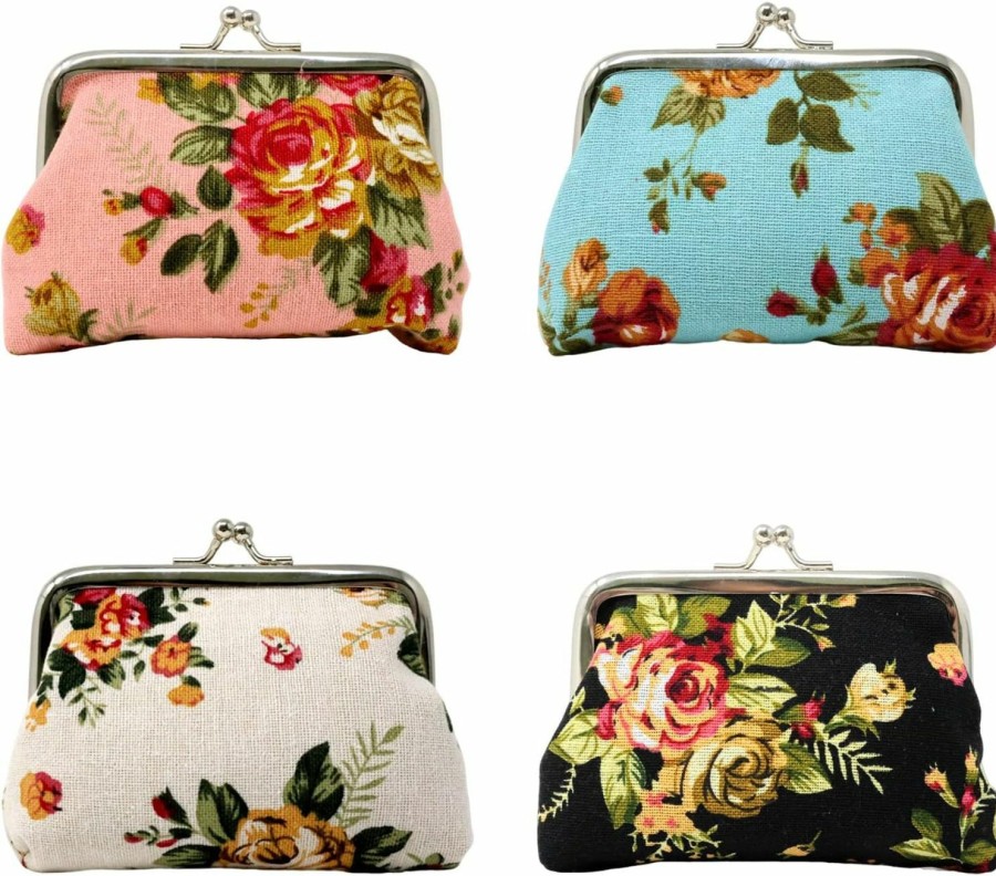 Honbay Honbay 4Pcs Canvas Floral Rose Flower Coin Purse Kiss Lock Change Purse Vintage Trinkets Pouch Small Women Wallet Clutch Purse | Coin Purses & Pouches