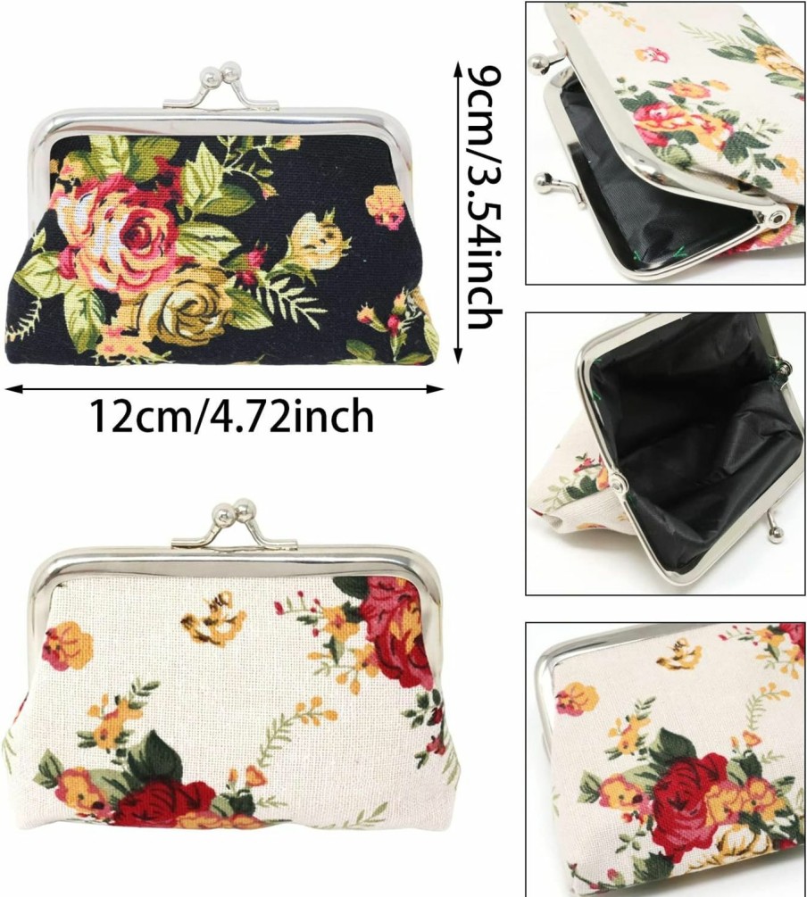 Honbay Honbay 4Pcs Canvas Floral Rose Flower Coin Purse Kiss Lock Change Purse Vintage Trinkets Pouch Small Women Wallet Clutch Purse | Coin Purses & Pouches