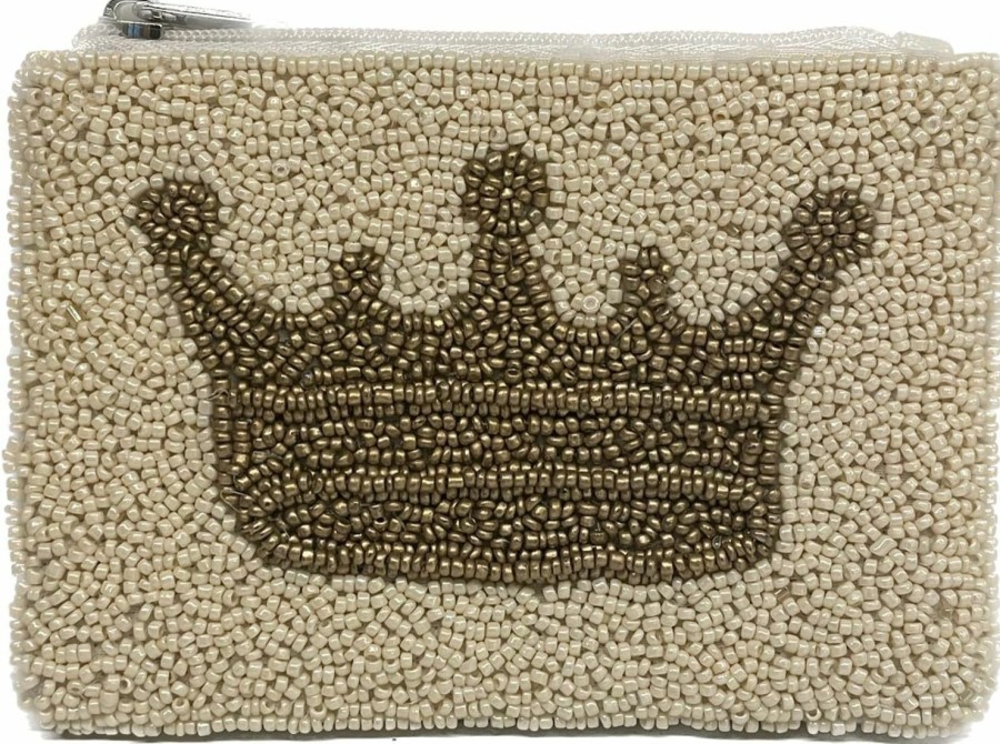 Generic Beaded Crown Coin Pouch Beaded In White With Gold Crown By Nima Accessories | Coin Purses & Pouches