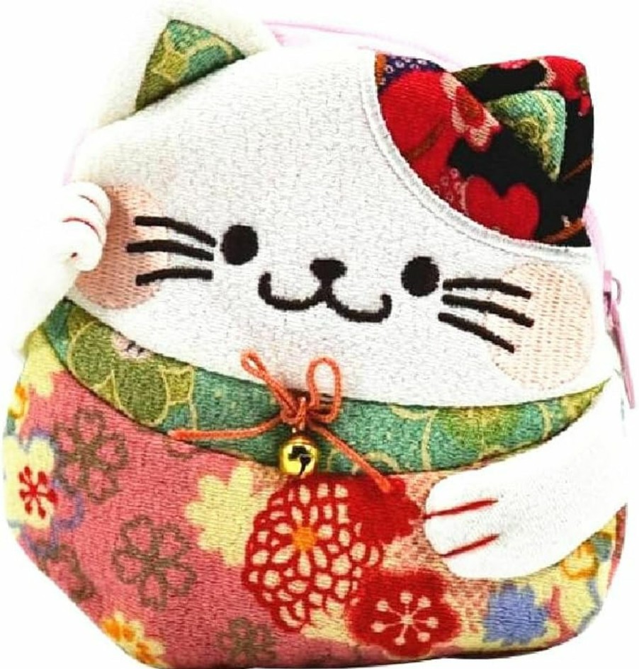 EatingBiting Eatingbiting Japanese Style Zipper Maneki Neko Lucky Cat Chirimen Kimono Feng Shui Cat Coin Wallet Holder For Coin, Money, Credit Cards Keys, Change, Lip Balm, Breath Mints | Coin Purses & Pouches