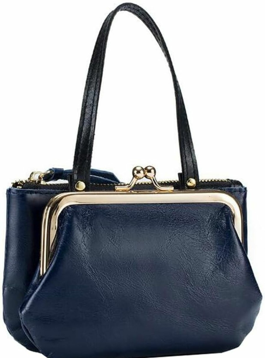 ZZHAOYI Zzhaoyi Womens Genuine Leather Coin Purse, Vintage Pouch Kiss-Lock Coin Purse Pouch Change Holder Kiss Lock Zipper Wallets For Card, Key, Cash Bag (Dark Blue) | Coin Purses & Pouches